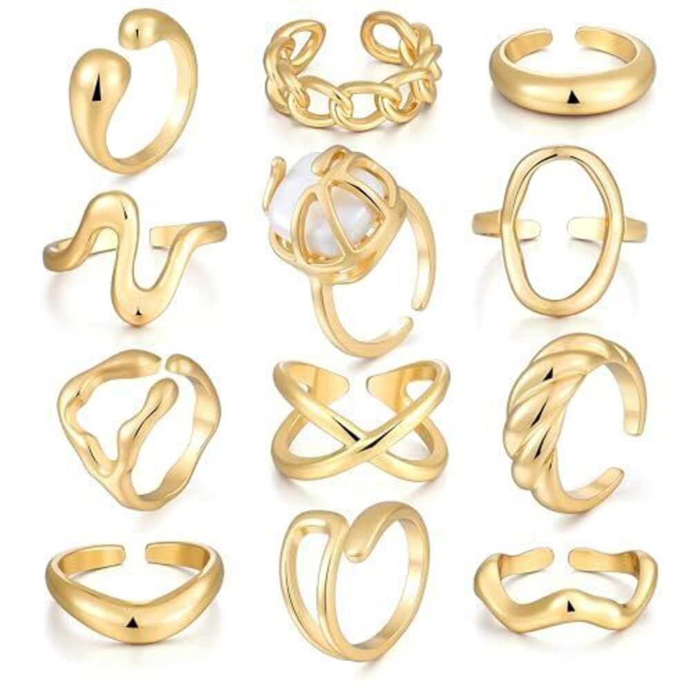 6466 12PCS Gold Stackable Rings Set , 18K Gold Plated Open Stacking Knuckle